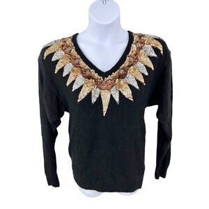 VTG NILANI BLACK SILK ANGORA SILVER GOLD COPPER SEQUIN BEADED SWEATER - M